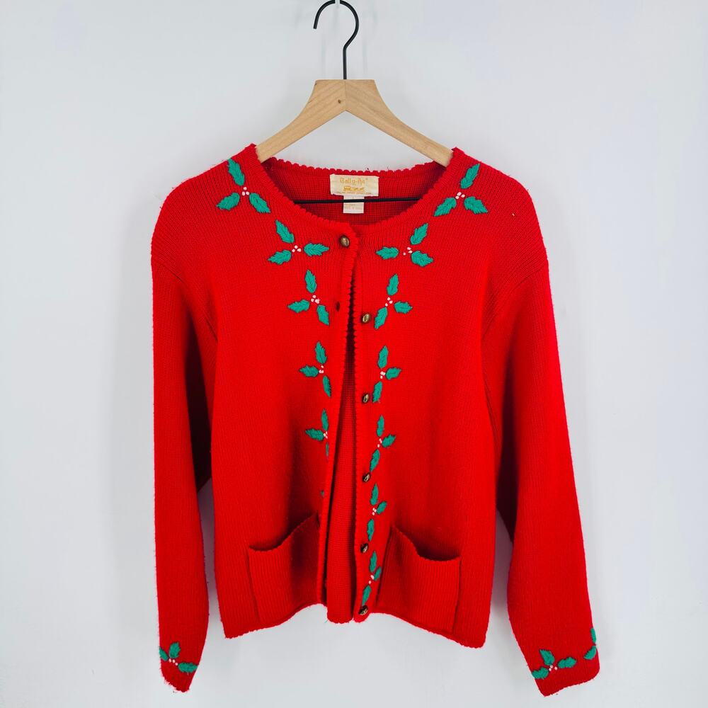 Tally Ho Vintage Red Christmas Cardigan L Holly Leaf Embroidered Holiday Sweater